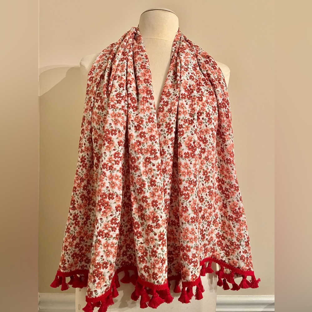 Handcrafted Floral Print Scarf in Light Pink Red and Green with Red Trim